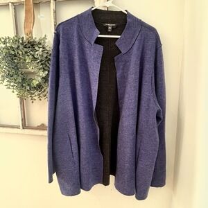 Eileen Fisher Merino Wool Collarless Open Front Cardigan Jacket XXL blue/purple